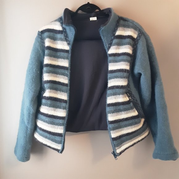 Made in Nepal Polar Fleece Lined Chunky Wool Sweater | Blue White | S-M - Picture 2 of 12